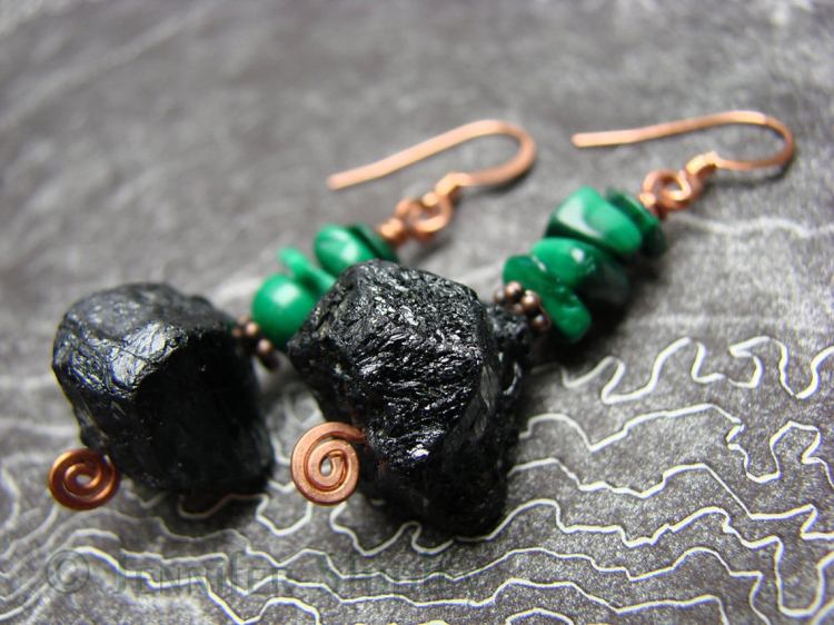 Raw Black Tourmaline and Malachite Earrings