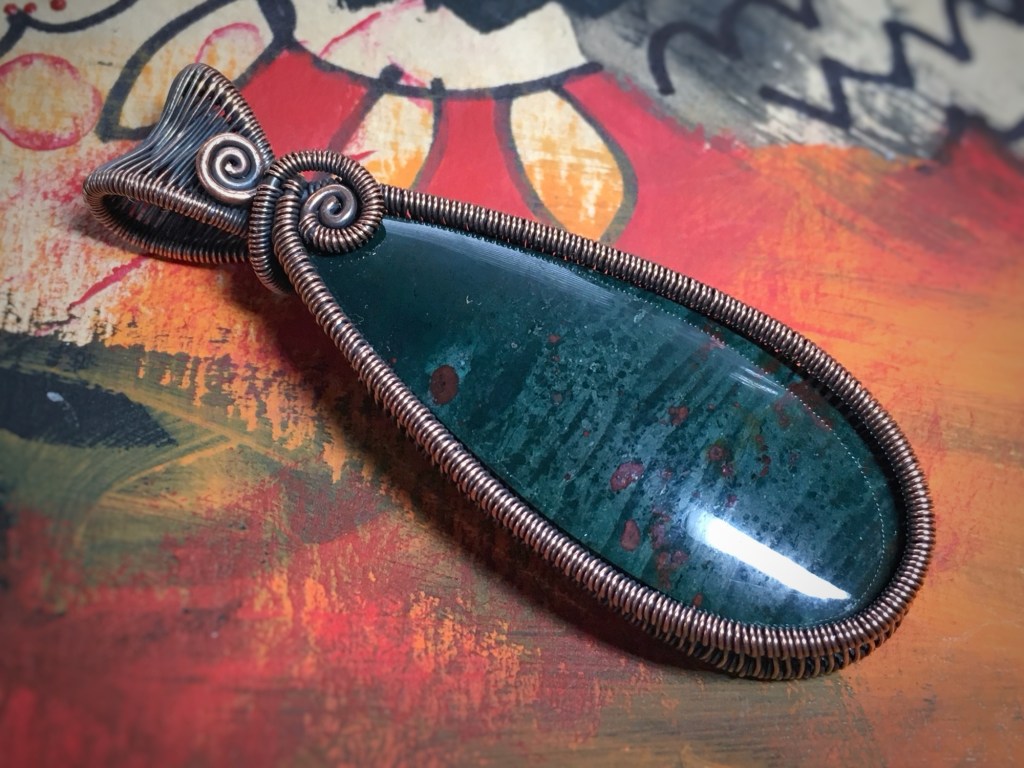 Wire Woven Bloodstone Pendant Necklace, Handmade Wire Wrapped Copper Jewelry