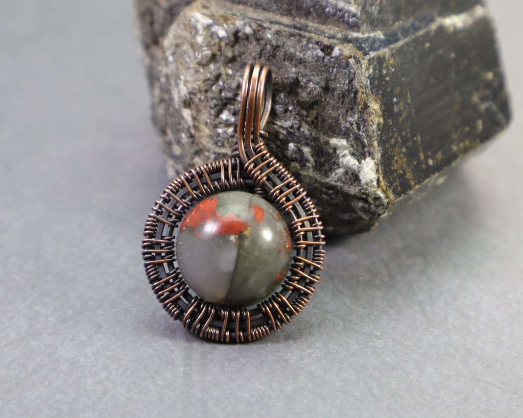 African Bloodstone Sphere Wire Woven Pendant in Copper - Wire Wrapped Gemstone Jewelry