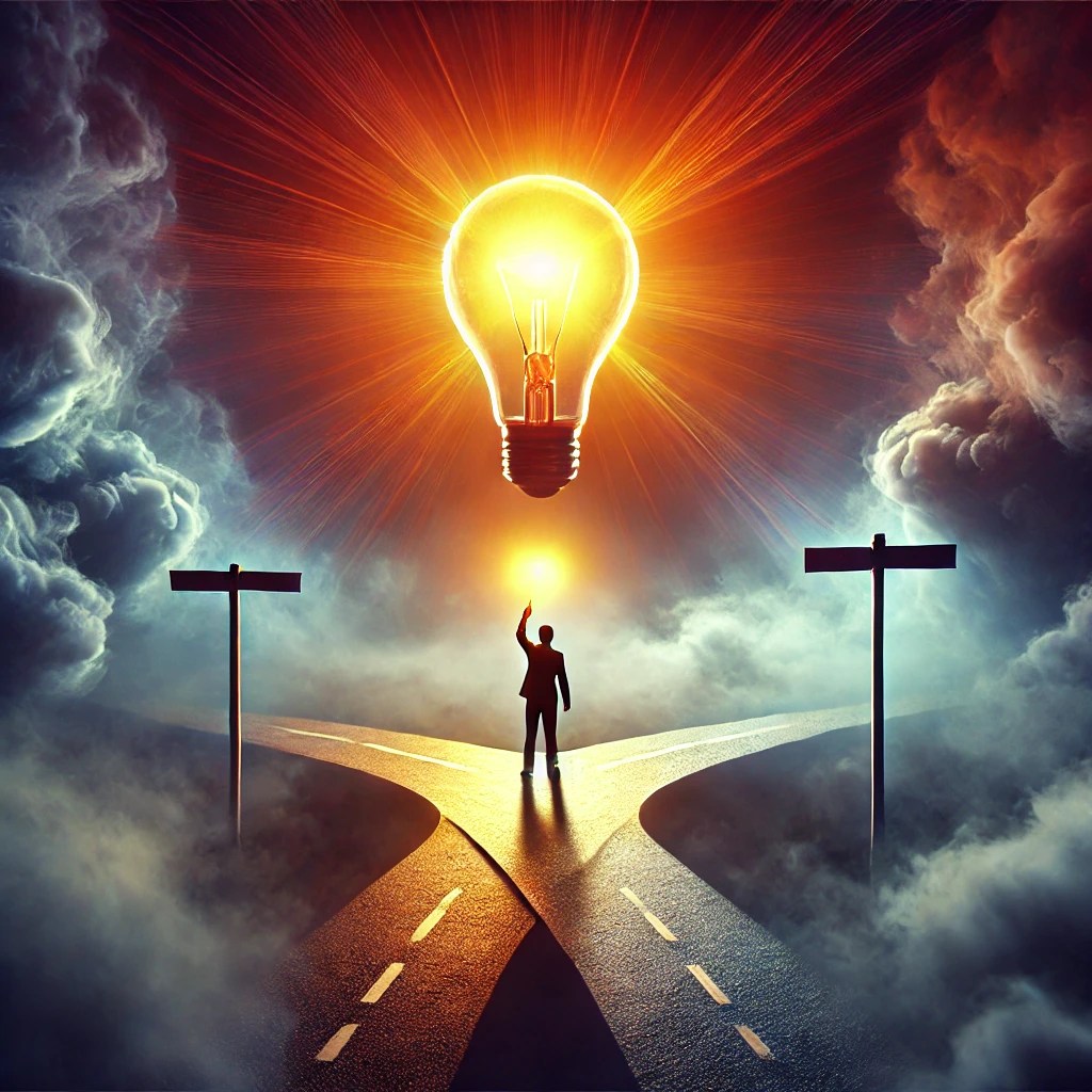 A symbolic illustration of a glowing light bulb floating above a crossroads, with two contrasting beams of light merging together. The image represents clarity, understanding, and the merging of differing perspectives. Soft tones and a peaceful ambiance convey harmony and insight.