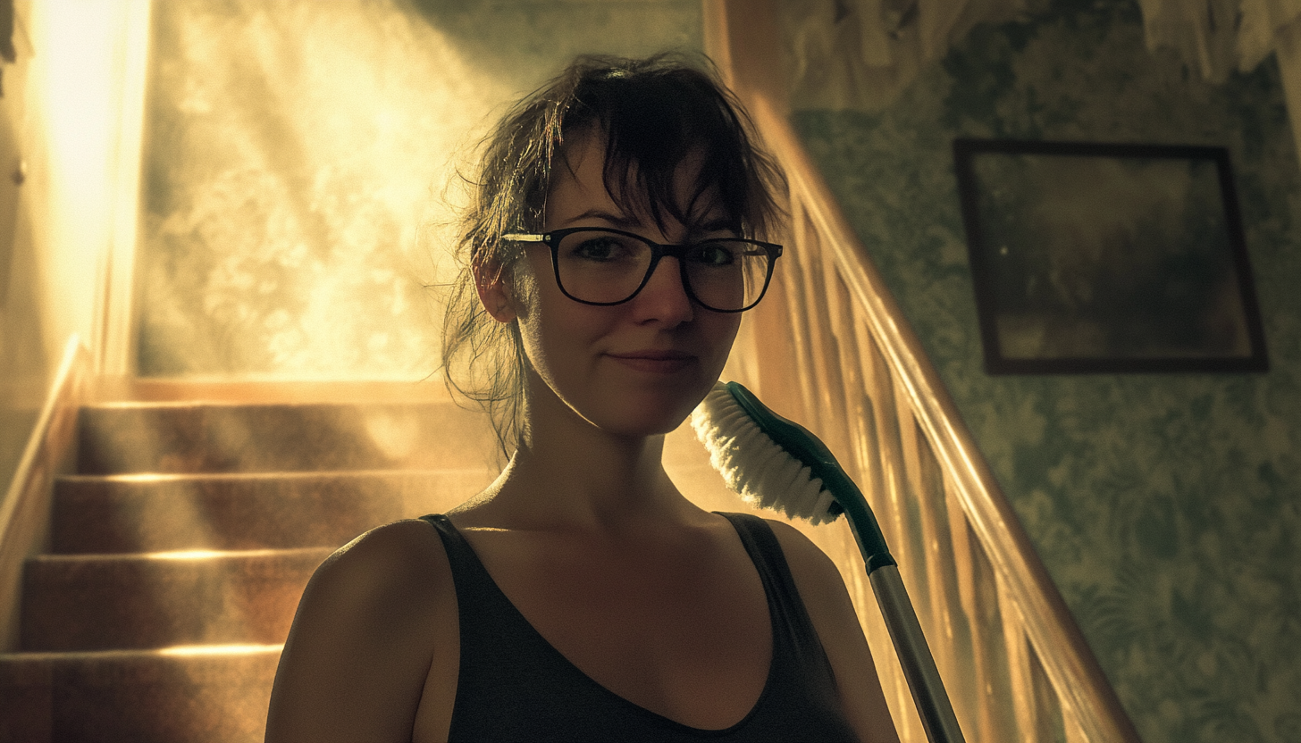 A whimsical illustration of a woman standing on a staircase holding a mop like a trophy, with messy hair and golden rays of light shining from behind her. The scene symbolizes triumph over chaos and finding small victories in everyday struggles.