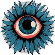 DoodlepunkArt logo featuring a stylized eyeball flower with blue petals and vibrant red detailing.