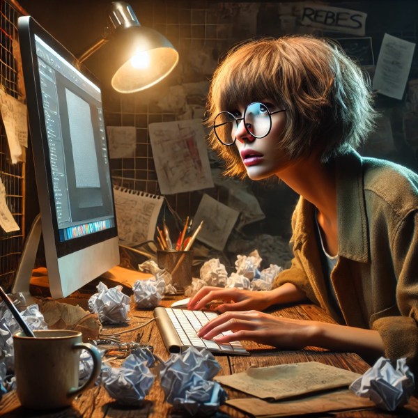 A frazzled female artist with light brown, shaggy hair and large round glasses stares intensely at a computer screen. She is surrounded by a cluttered workspace with crumpled papers, old coffee cups, and notes, capturing the chaotic energy of hours spent battling technology.