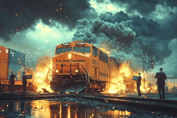 A dramatic scene of a freight train crashing off the rails, spilling flaming cargo. The train is marked, "Trade," and "Small Business." Smoke and sparks fly as workers in business attire watch in horror, some holding invoices and laptop computers. The background is a stormy sky with an ominous economic downturn metaphor. Cinematic, photorealistic, high detail, dramatic lighting, digital painting style.