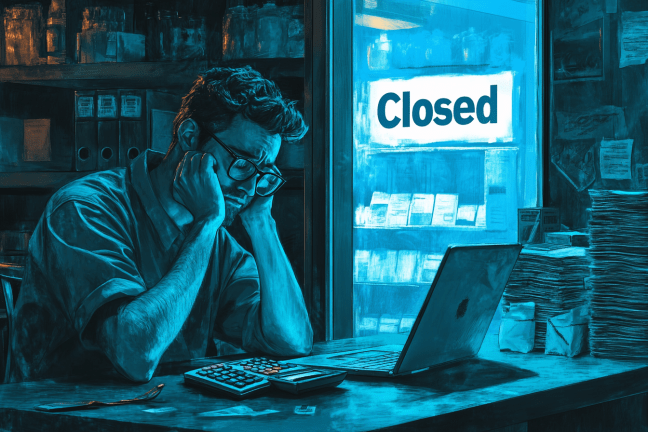 A tired, stressed-out small business owner sitting at a desk with a calculator, bills, and a laptop open to a store website. Stacks of unpaid invoices and a "Closed" sign are visible in the background. The scene is dimly lit with a cool blue hue, evoking financial hardship and economic uncertainty. Realistic, detailed, dramatic lighting, photorealistic digital painting style.