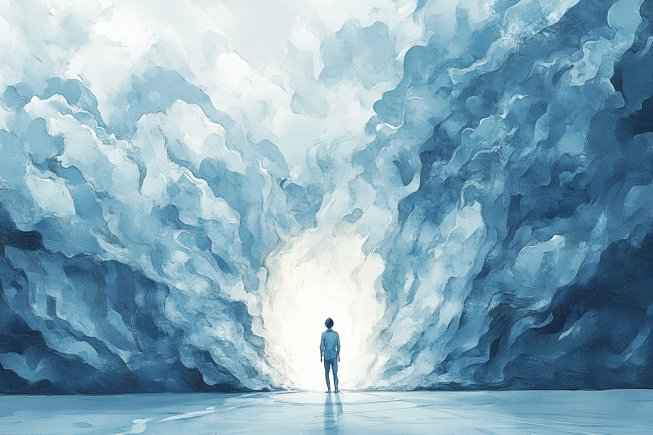 A finely detailed, hand-painted editorial illustration in deep blue indigo ink. A contemplative person stands before a massive abstract wall that stretches infinitely in all directions, symbolizing emotional barriers. An opening in the wall glows softly, representing breakthrough and emotional resolution. A subtle, muted color palette. Editorial illustration, artistic, sophisticated.