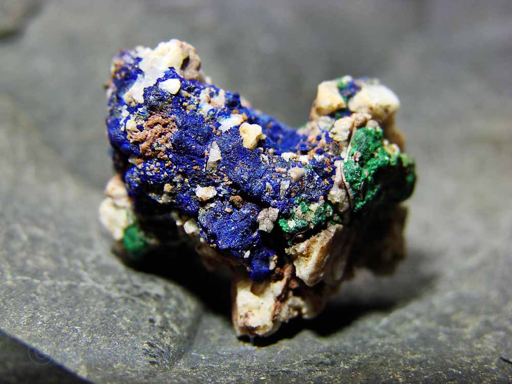 A raw blue azurite mineral specimen on a matrix with some green malachite siting on a basalt stone.
